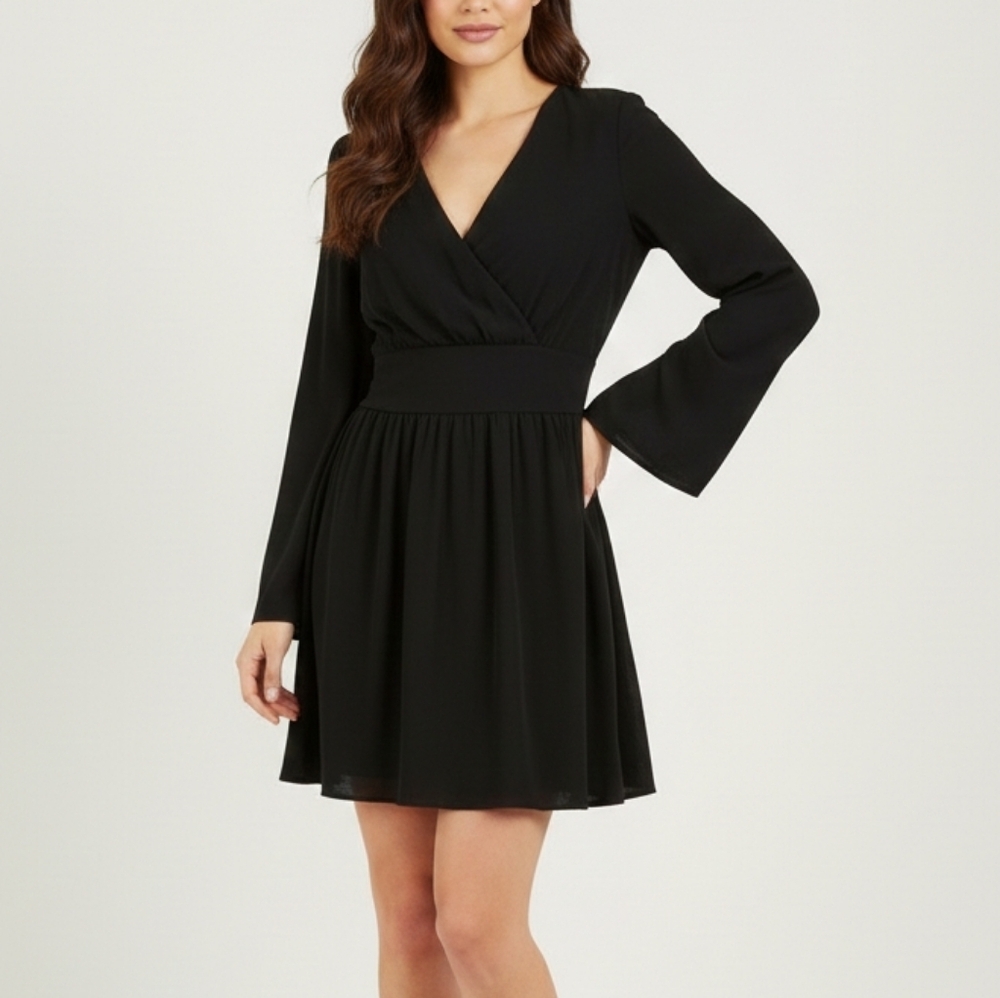 Black Size L Midi A-Line Dress with Waist Band V Neck Zipper Closure- BNWT